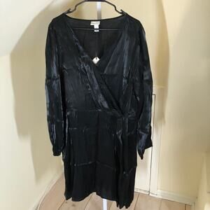 Ava + Viv NWT Women's Balloon Long Sleeve Midi Wrap Dress Black Shimmer 2X